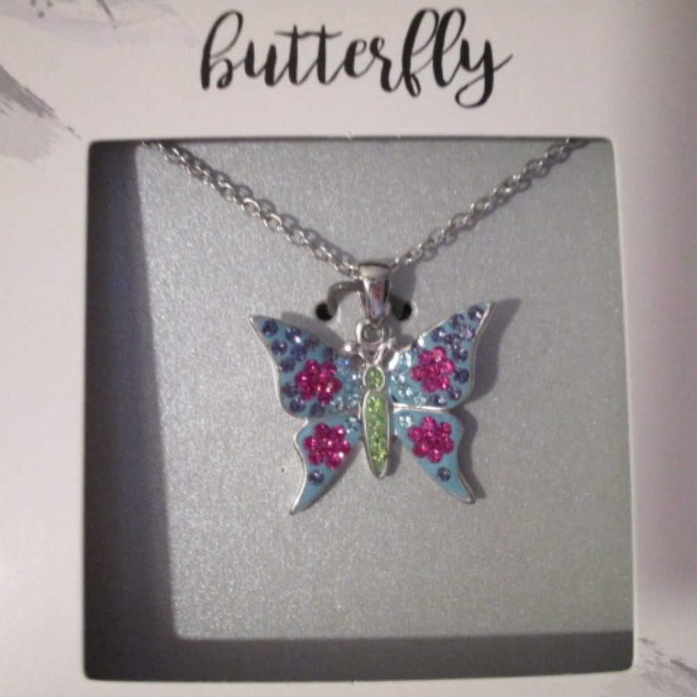 Butterfly Silver Necklace with colored stones